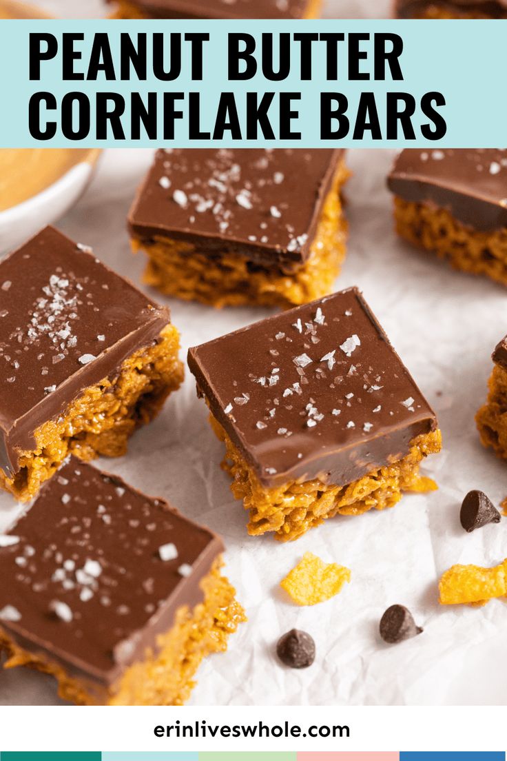 peanut butter cornflake bars with chocolate chips on top