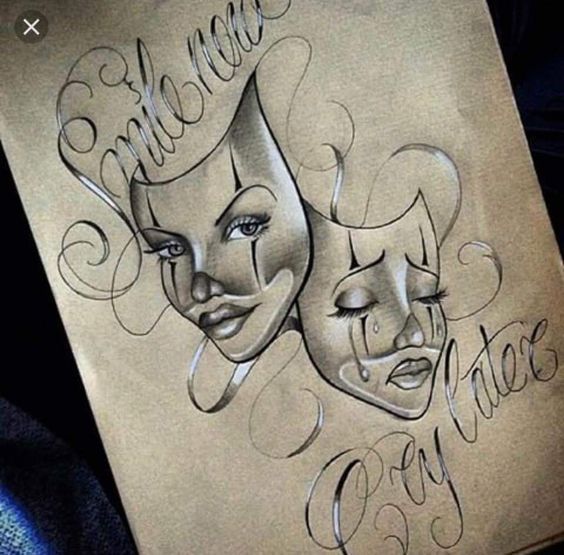 a drawing of two women's faces with the words smile and love on them