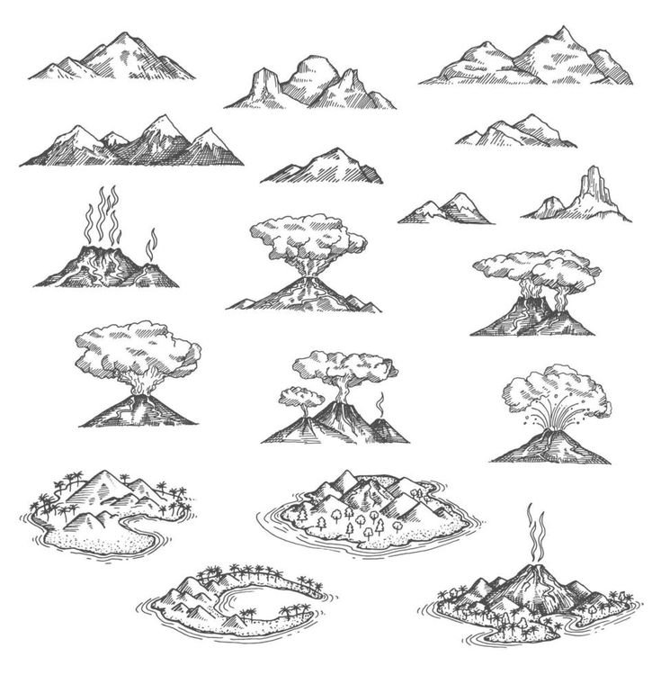 Island mountains, volcano sketch, lava eruption Volcano Sketch, Volcano Drawing, Island Tattoo, Pretty Hand Tattoos, Map Tattoos, Flower Drawing Tutorials, Mountain Drawing, Bullet Journal Themes, Vector Portrait