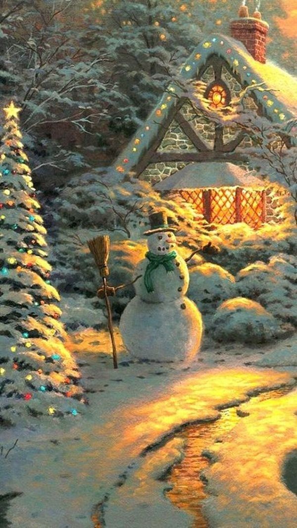 a painting of a snowman in front of a house with christmas lights on it