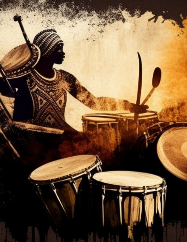 an artistic painting of african drummers playing the drums and drum sticks in front of them