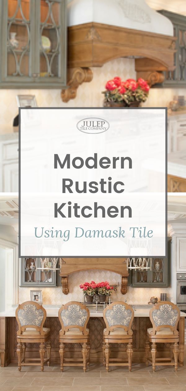 modern rustic kitchen using damask tile with chairs and table in foreground, large sign over stove