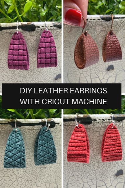 crochet earrings hanging on a clothes line with text overlay that reads, diy leather earrings with circuit machine