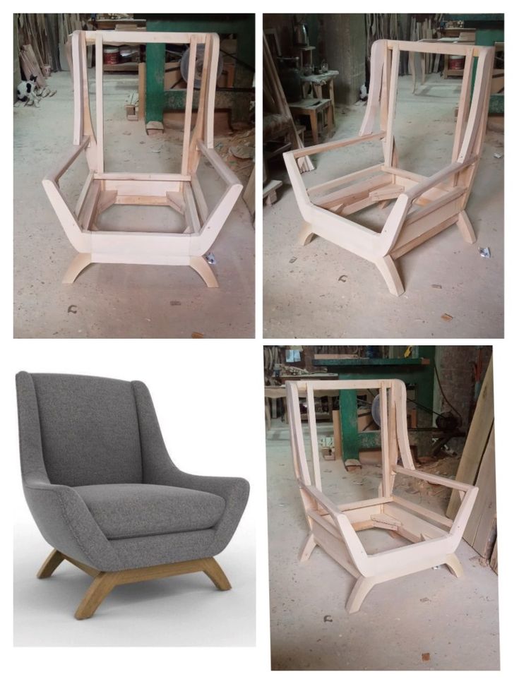 four different angles of a chair made out of plywood