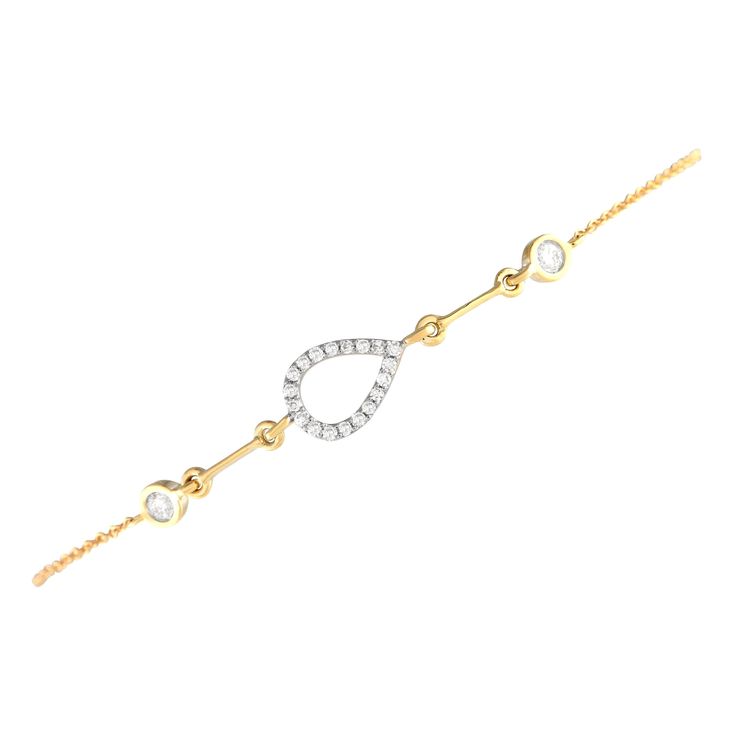 The perfect sparkler to round out a busy woman's day-to-day outfit. This bracelet is fashioned in 14K yellow gold, secured by a spring ring clasp. It is adorned with two bezel-set round diamonds flanking a pear-shaped outline traced with petite round diamonds.This brand new 14K Yellow Gold 0.16ct Diamond Bracelet comes with a gift box. Rose Ring, Fine Jewelry Bracelets, Bezel Setting, Ladies Day, Spring Rings, Pear Shaped, Diamond Bracelet, Round Diamonds, Jewelry Watches