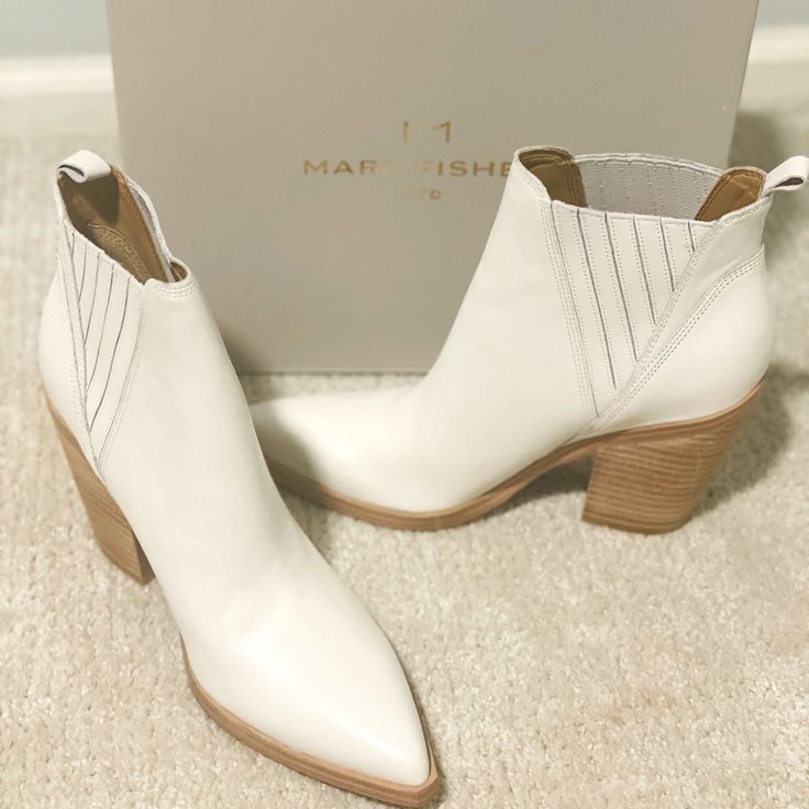 New! Pointy Toe And Stacked Block Heel, This Contemporary Bootie Will Elevate Your Polished Style For Every Season. 3 1/4" Heel 4 1/2" Shaft Off White Pointed Toe Boots For Spring, Elegant White Booties For Spring, Elegant White Spring Booties, White Closed Toe Boots With Stacked Heel, Off White High Heel Spring Boots, Cream Boots With Stacked Heel And Closed Toe, Off White High Heel Boots For Spring, Spring Off White High Heel Boots, White Booties With Stacked Block Heel