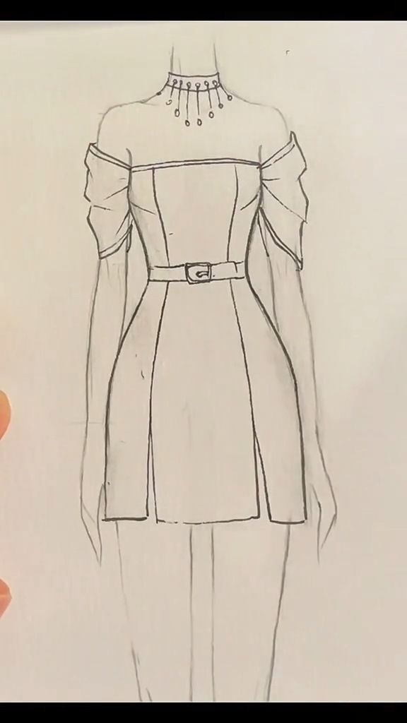 a drawing of a woman's dress with an open shoulder and belted skirt