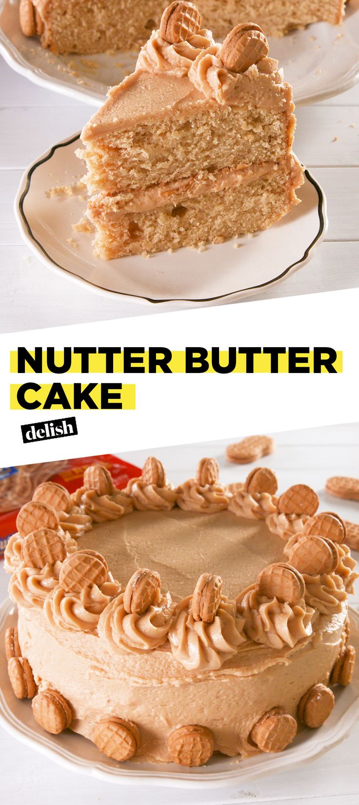 there is a cake with nuts on it and the words nutter butter cake below