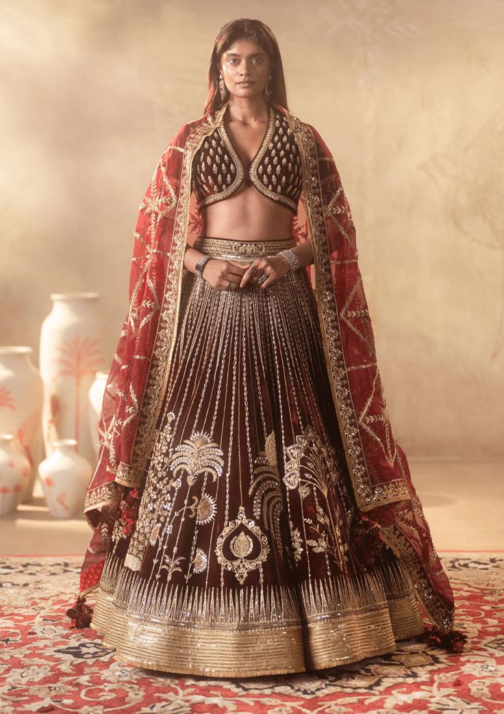 House Of Masaba-Wine Dil Chidiya Lehenga Set-INDIASPOPUP.COM Can Can Skirt, Wedding Filters, Caribbean Fashion, Designer Bridal Lehenga, Skirt Blouse, Lakme Fashion Week, Can Can, Skirt And Blouse, Indian Fashion Dresses