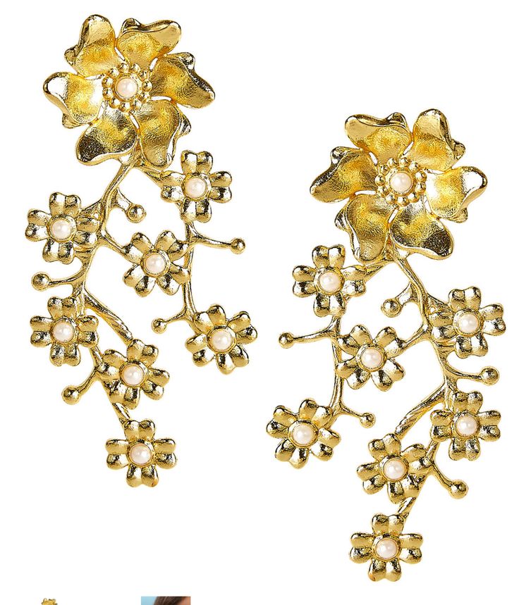 Daphne is our multi-dimensional gold brass and pearl floral drop earring. Delicate and feminine, it is the perfect accessorize for any occasion. Length: 1" and Width: 1" Weight: 5 grams Allergy friendly—lead and nickel free Ships in 2-3 business days Spring Pearl Drop Gold Jewelry, Spring Gold Jewelry With Pearl Drop, Spring Pearl Gold Jewelry, Spring Gold Pearl Jewelry, Gold Flower-shaped Earrings For Festive Occasions, Gold Pearl Earrings With Flower Shape For Party, Feminine Gold Pearl Earrings, Gold Pearl Drop Earrings For Spring, Gold Feminine Pearl Earrings For Party