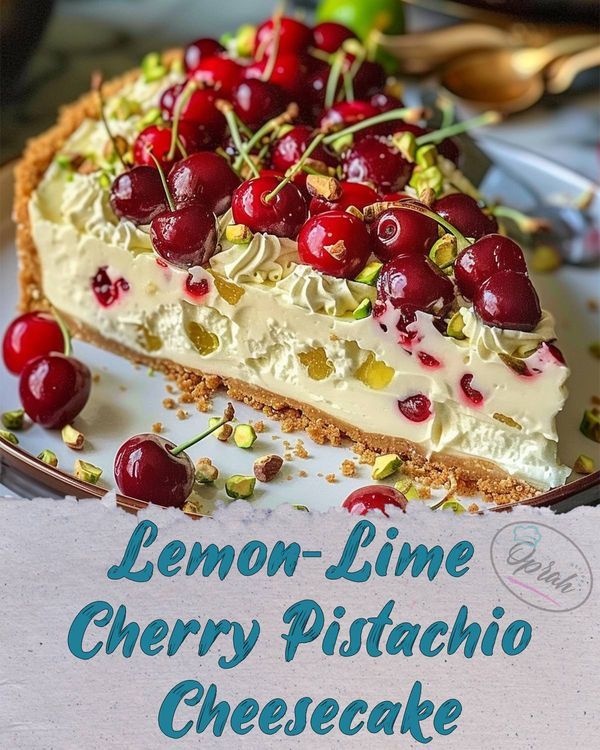 a slice of lemon lime cherry pistachio cheesecake on a plate with cherries