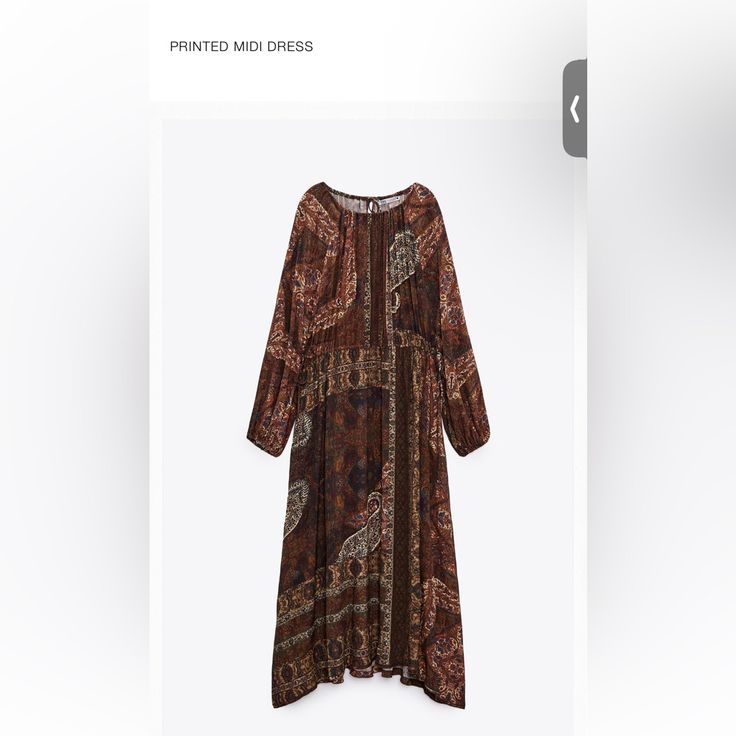 Zara Printed Dress Elegant Brown Printed Dress, Brown Printed Midi Dress, Casual Tunic Midi Dress For Fall, Casual Tunic Dress For Fall, Brown Printed Long Sleeve Maxi Dress, Printed Long Sleeve Brown Maxi Dress, Brown Long Sleeve Printed Maxi Dress, Brown Printed Flowy Dress, Brown Printed Dress For Fall