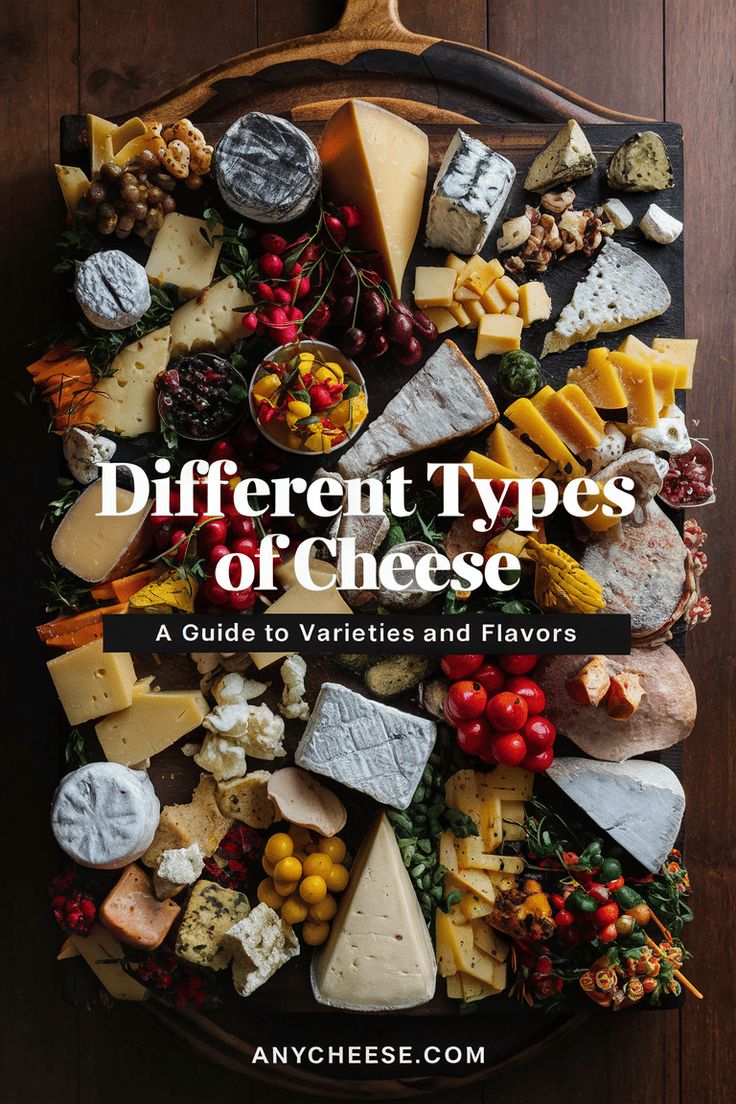 different types of cheese on a platter with text that reads different types of cheese