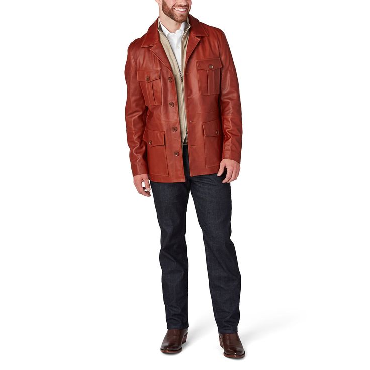 This rugged Safari Leather jacket is a vintage look that is sure to keep you warm while you brave the cold. Adorned with two upper pockets and two lower pockets, this piece enables you to pack as heavy or light in the cold as you like. Layer this Safari Jacket with a lightweight sweater or simple button down to achieve a dynamic look of western sophistication. Fall Leather Outerwear With Multiple Pockets, Fall Biker Jacket With Lapel Collar And Pockets, Cognac Long Sleeve Outerwear For Work, Rugged Fall Outerwear With Patch Pockets, Rugged Outerwear With Patch Pockets For Fall, Rugged Outerwear For Cold Weather And Fall, Brown Leather Utility Jacket For Fall, Brown Utility Leather Jacket For Fall, Fall Leather Utility Jacket With Patch Pockets