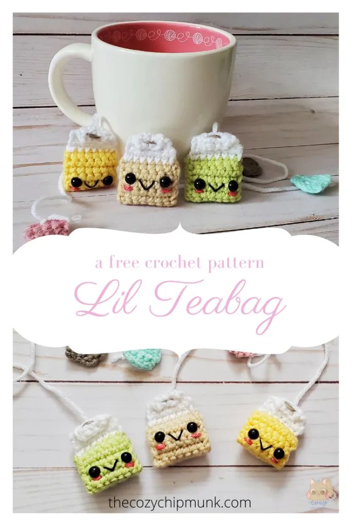 crocheted coffee cup cozyies with the words free crochet pattern lil teabag