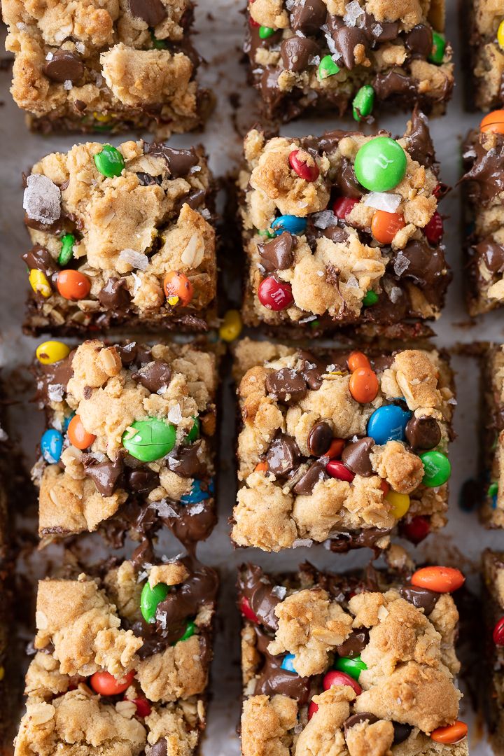 chocolate chip cookie bars with m & m candies on top