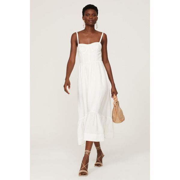 White linen blend (55% Linen, 45% Viscose). A-line. Sleeveless. V-neck. Side zipper closure. 54" from shoulder to hemline. Imported. Lined Linen Spring Dresses, Spring Midi-length Unlined Linen Dress, Spring Unlined Linen Midi Dress, Summer A-line Unlined Midi Dress, Chic Linen Midi Sundress, Chic Linen Sundress For Brunch, Unlined Linen Sundress Midi Dress, A-line Linen Sundress For Day Out, Linen A-line Sundress For Day Out