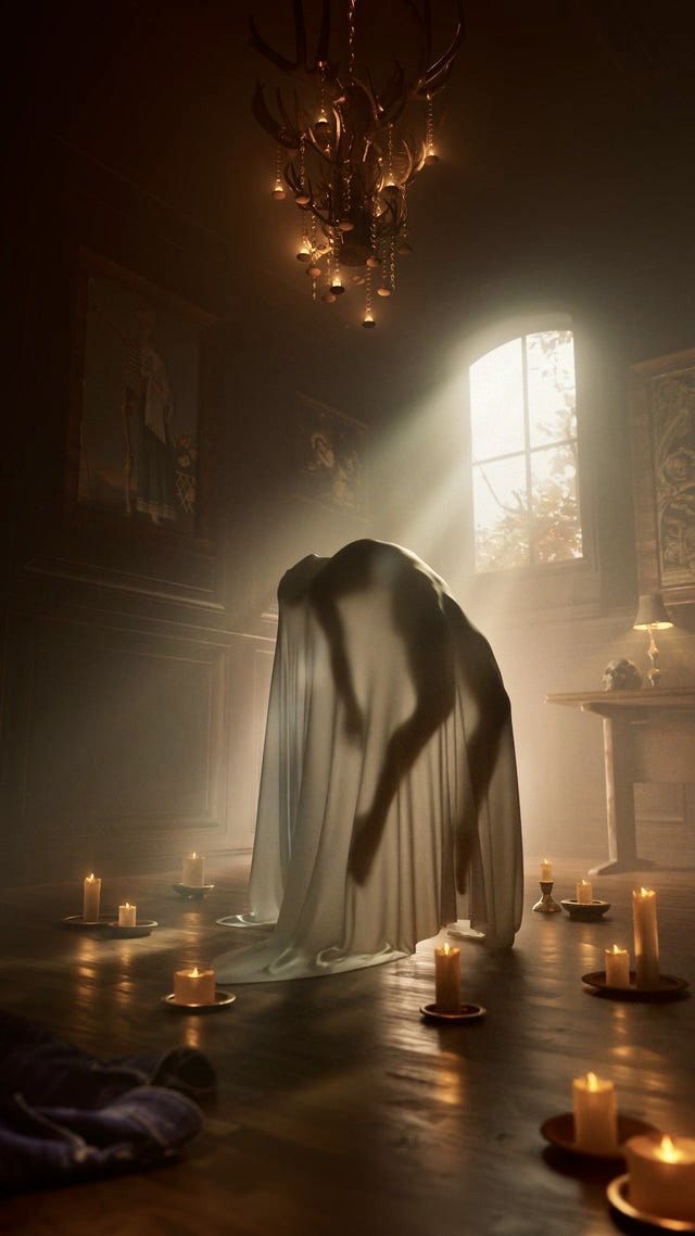 a ghostly figure in a dark room surrounded by candles