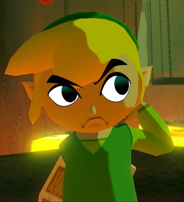 an animated image of a young boy with big eyes and green hair, holding his hands to his head