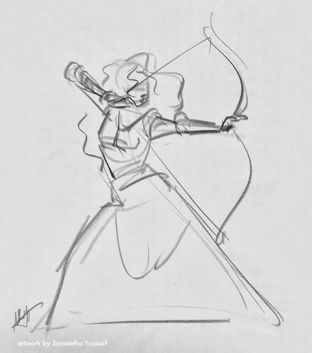 a pencil drawing of a woman holding a bow and arrow in one hand while standing on the other