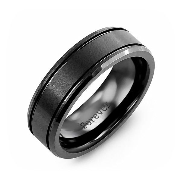 a black and white wedding ring with an inlay on the center, made from stainless steel