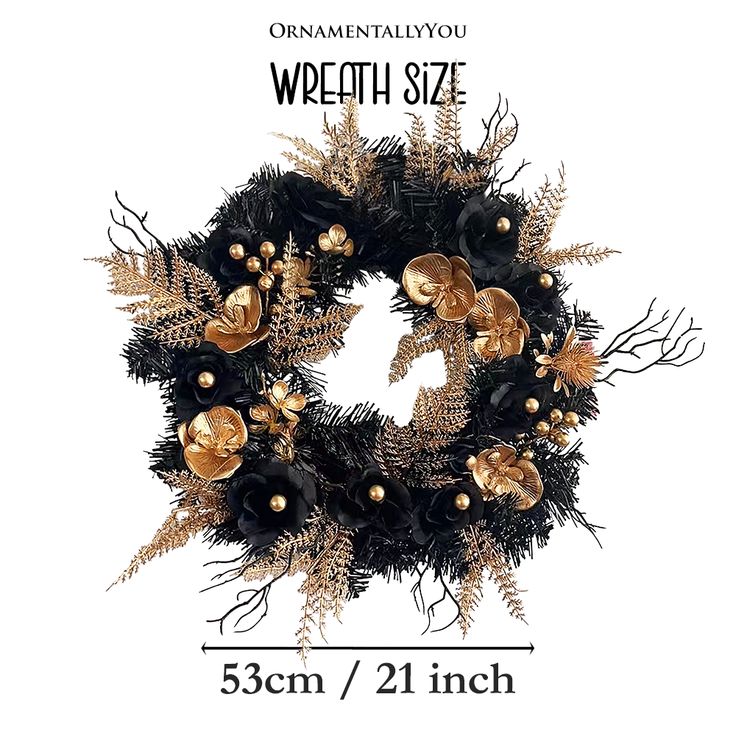 a wreath with gold and black decorations on it, next to the measurements for each item