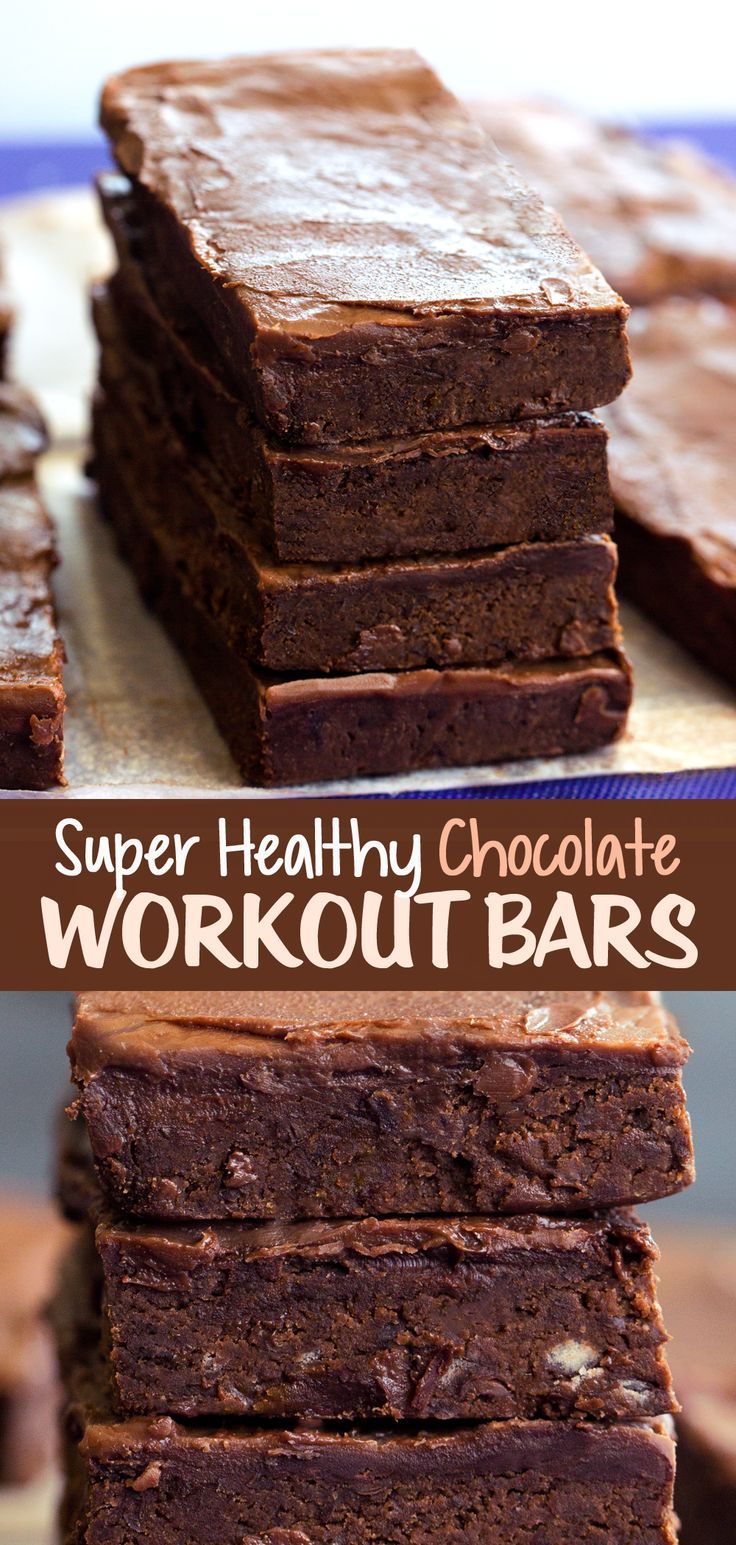 super healthy chocolate workout bars stacked on top of each other with text overlay that reads super healthy chocolate workout bars