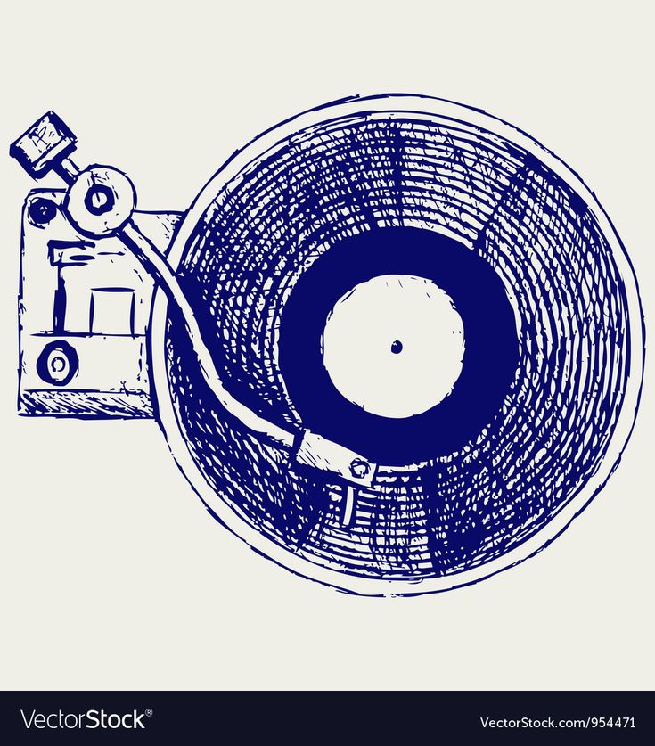 an old record player with its turntable and tape recorder in the foreground, hand drawn