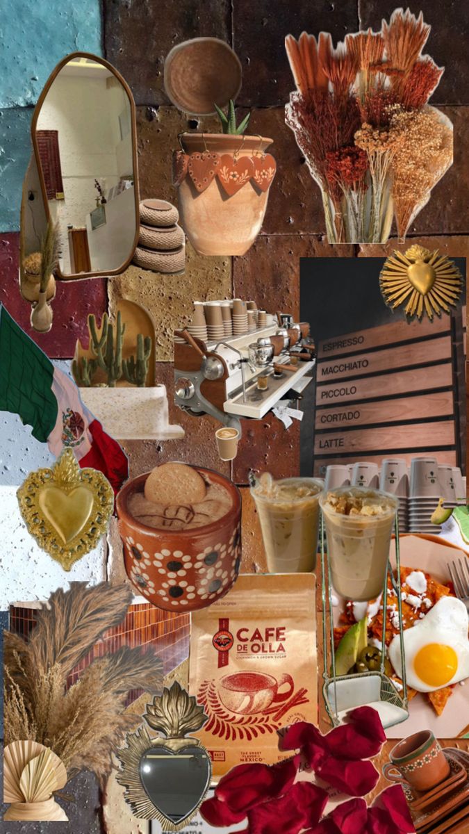 a collage of various items including plates, cups and spoons on a table