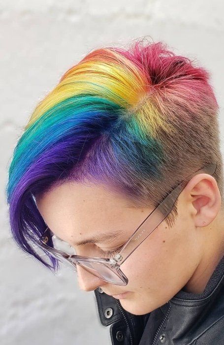 Silly Haircuts, Dyed Pixie Cut, Rainbow Hair Ideas, Short Rainbow Hair, Bright Blue Hair, Messy Pixie Haircut, Dramatic Hair, Trending Colors, Rainbow Hair Color