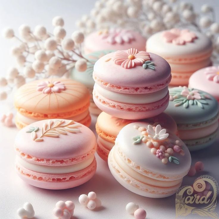 there are many colorful macaroons on the table next to some flowers and pearls