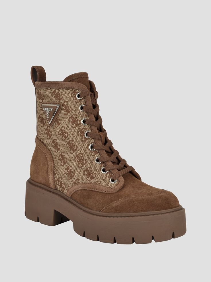 Utility boots Quattro G jacquard pattern Faux-leather panels Triangle logo Round toe Lug sole Material: Synthetic Utility Boots, Gucci Boots, Round Logo, Jacquard Pattern, Triangle Logo, Lug Sole, Brown Boots, Boot Shoes Women, Bootie Boots