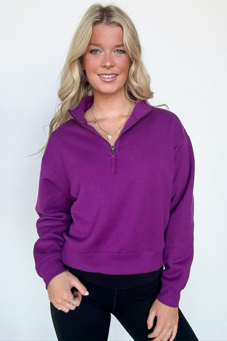 Details:: Stay cozy and stylish with our Haven Half Zip Fleece Pullover. This fleece sweatshirt features a convenient half zip design, making it easy to layer up or down. Perfect for any outdoor adventure or lounging at home, this pullover will keep you warm and on-trend. - Half zip - Long sleeves - Relaxed fit Content: 60%COTTON, 40%POLYESTER Size + Fit: Model is 5'3" (candy pink), 5'9" (light plum), 5'4" (black) and wearing a Small - Measurements from a size Small are approx - Full length: 23" Cozy Half-zip Sweatshirt With Zipper Closure, Winter Half-zip Sweatshirt For Loungewear, Cozy Half-zip Sweatshirt For Loungewear, Fall Fleece Top With Zipper Closure, Cozy Fit Half-zip Fall Sweater, Sporty Half-zip Sweatshirt For Outdoor Activities, Fleece Half-zip Top, Solid Fall Half-zip Sweatshirt, Solid Half-zip Sweatshirt For Fall