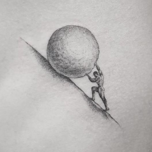 a drawing of a person pushing a ball up the side of a hill