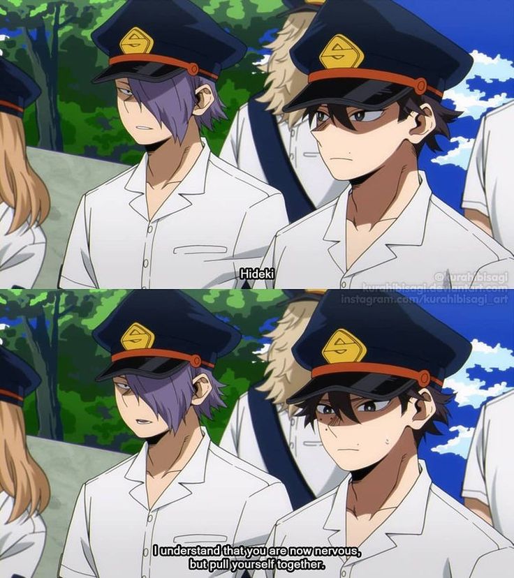 some anime characters with hats on and one is looking at something in front of them