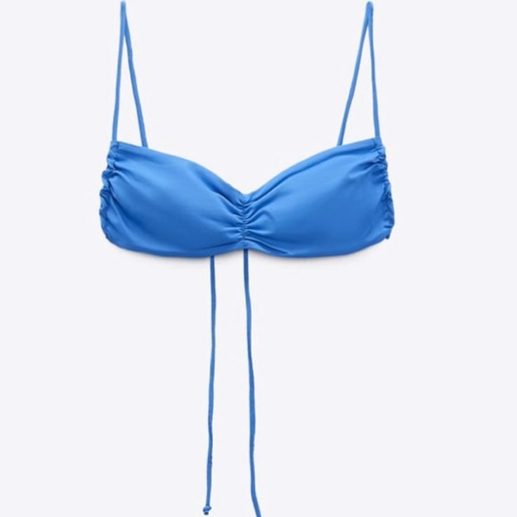 Nwt Zara Blue Bikini Top Blue Swimwear With Built-in Bra And Tie-side Bottom, Blue Ruched Underwire Swimwear, Blue Ruched Swimwear For Sunbathing, Blue Bandeau Tankini For Beach, Blue Ruched Tankini For Beach Party, Blue Bra-friendly Swimwear For Beach Party, Blue Bandeau Tankini For Summer, Blue Ruched Swimwear For Spring, Summer Blue Bra-friendly Tankini