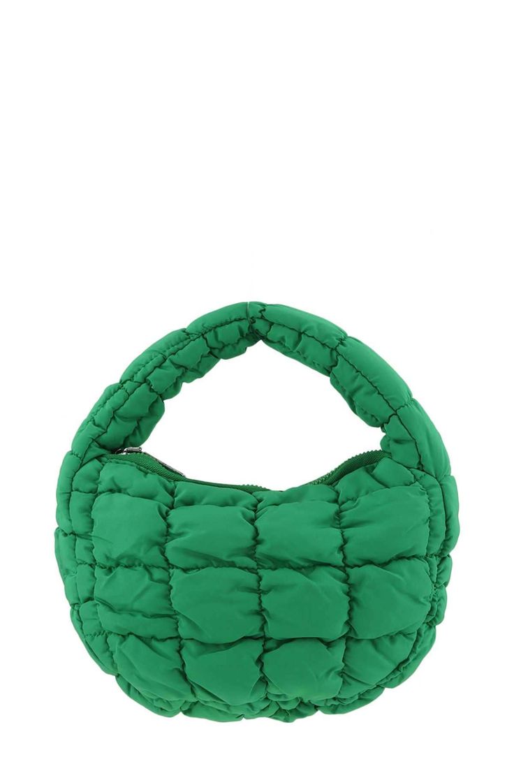 Get ready for some major style with our Mini Puffer Quilted Bag! In a mini size of 9.5"(L) x 6.5"(H), this bag is perfect for on-the-go fashionistas. And with the latest colors, you'll be the envy of all your friends! Don't miss out on this season's must-have accessory! Green Nylon Shoulder Bag With Top Carry Handle, Trendy Baguette Bag For On-the-go, Green Nylon Bag With Top Carry Handle, Green Shoulder Bag With Zipper For Spring, Spring Green Shoulder Bag With Zipper, Trendy Green Hobo Bag, Green Nylon Bag With Detachable Strap, Trendy Green Satchel With Removable Pouch, Green Nylon Shoulder Bag For On-the-go