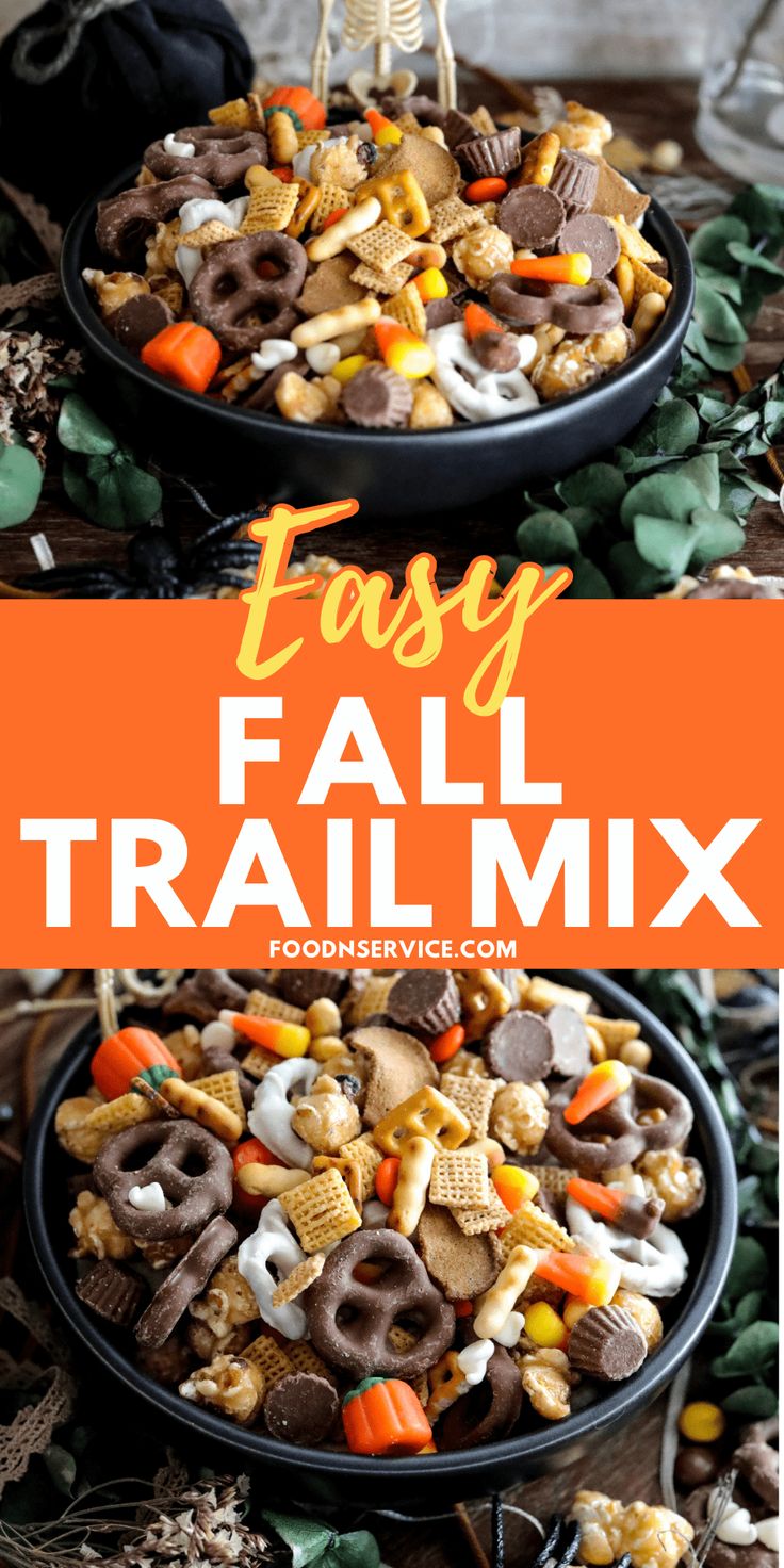 two black bowls filled with candy corn and halloween treats, the title says easy fall trail mix