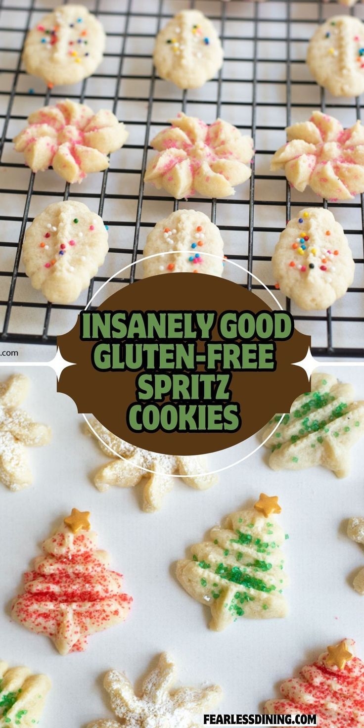 cookies cooling on a rack with the words insannely good gluten - free spritz cookies