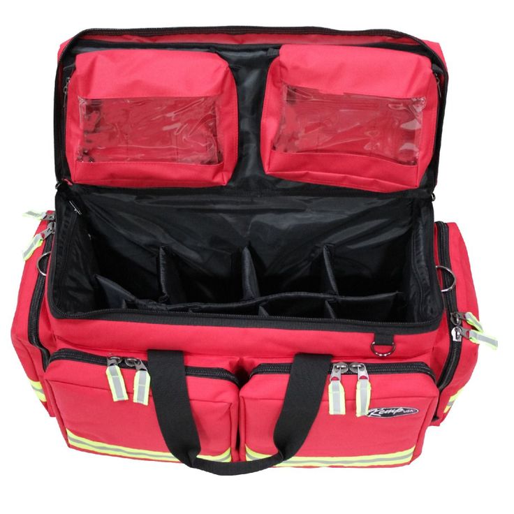 This Ultra EMS bag has eight compartments, extra pockets and strapping, ensuring all your supplies and equipment are secured and organized. Also included is an additional pocket on each end for extra storage. Two removable zippered pouches with transparent windows are attached to the top flap with a hook and loop. This bag is made of 600D durable nylon with a reflective yellow stripe around the bag for high visibility at night. This bag can hold and protect a D Oxygen Tank. The bottom has feet t Practical Rectangular Travel Bag With Reinforced Handles, Functional Rectangular Travel Bag For Storage, Functional Travel Satchel With Multiple Pockets, Multifunctional Red Bags For Outdoor Activities, Utility Nylon Bags With Multiple Pockets, Utility Rectangular Bag For Outdoor Activities, Functional Nylon Storage Bags, Multifunctional Red Rectangular Bag, Utility Style Rectangular Bag For Outdoor Activities