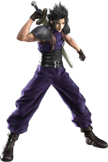 an anime character holding two swords in one hand and wearing purple pants, with his hands on