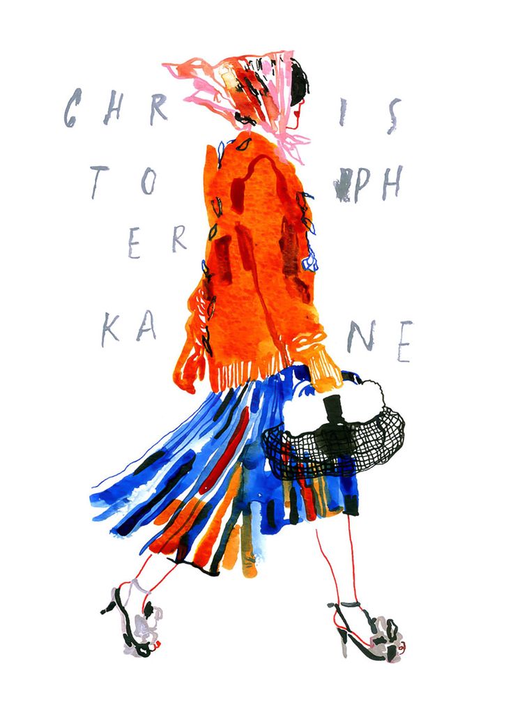 a drawing of a woman walking down the street wearing an orange jacket and colorful skirt