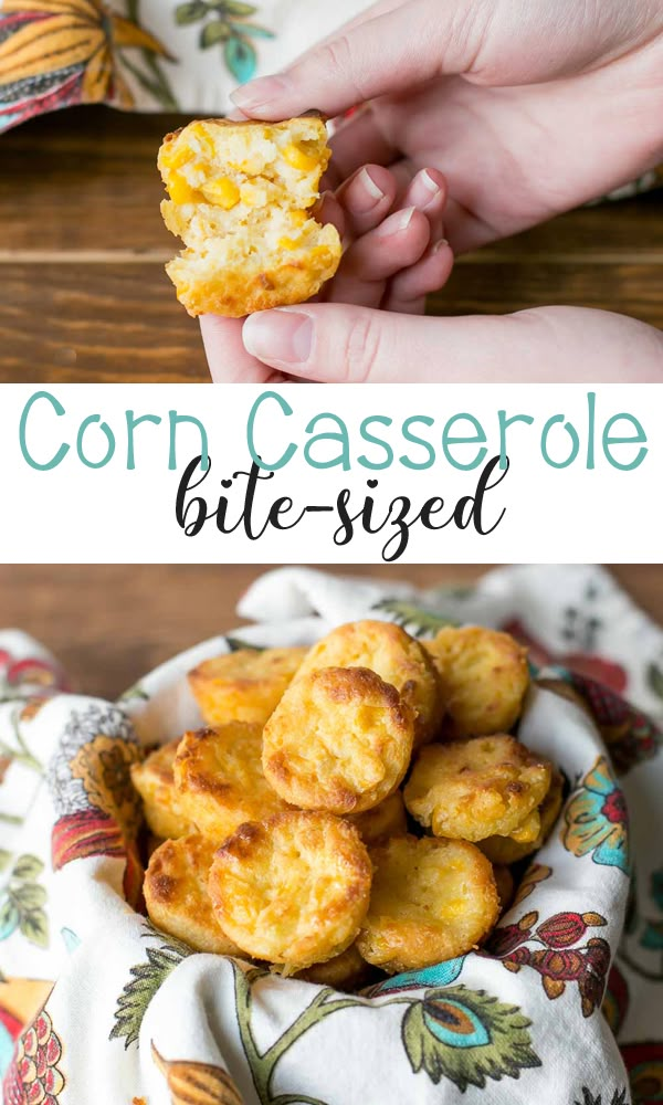 corn casserole bites in a bowl with the words corn casserole bites