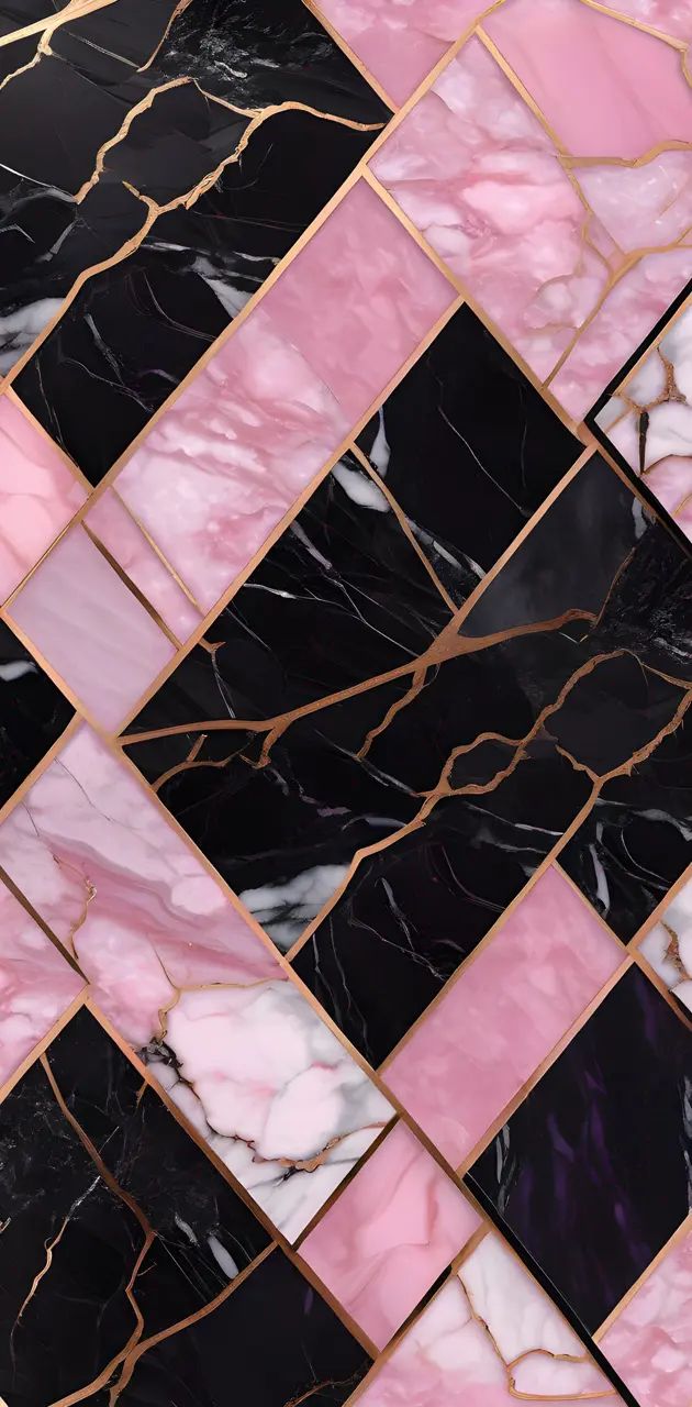 pink and black marble mosaic tiles with gold lines on the bottom, in an abstract pattern