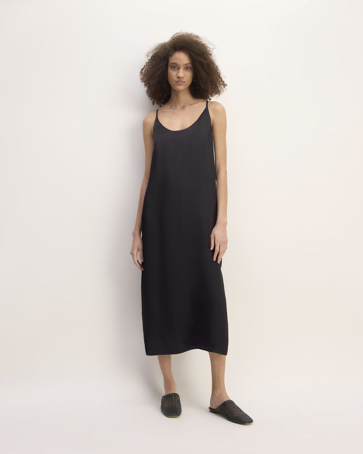 The Triacetate Slip Dress Black – Everlane Sleek Spaghetti Straps Midi Dress For Spring, Summer Evening Midi Dress With Scoop Neck, Chic Evening Midi Dress With Scoop Neck, Sleek Midi Slip Dress For Summer, Sleek Midi-length Slip Dress For Summer, Sleek Summer Midi Slip Dress, Sleek Midi-length Summer Slip Dress, Spring Silk Slip Dress With Straight Neckline, Sleek Bias Cut Slip Dress For Spring