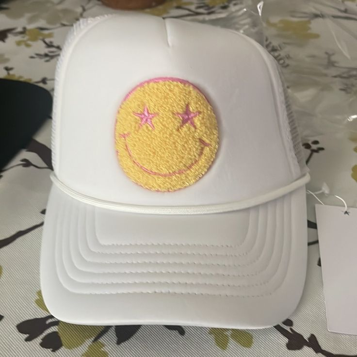 New, White Smiley Hat Trucker Hat, Cute . Adjustable Back Never Worn . Smiley Hat, Smiley Face, Smiley, Yellow White, Trucker Hat, Color White, Hats, Yellow, Women Shopping