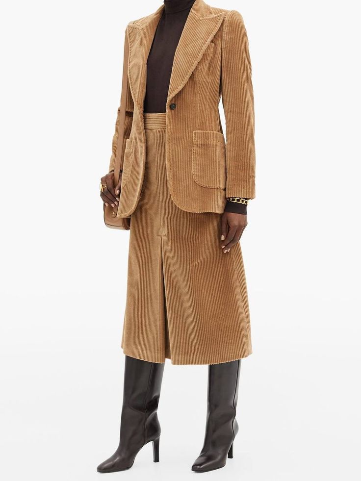 Corduroy Blazer Women, Corduroy Midi Skirt, Corduroy Suit, Formal Tops, Corduroy Coat, Pleated Long Skirt, Blazer Set, Fall Capsule Wardrobe, Winter Skirt