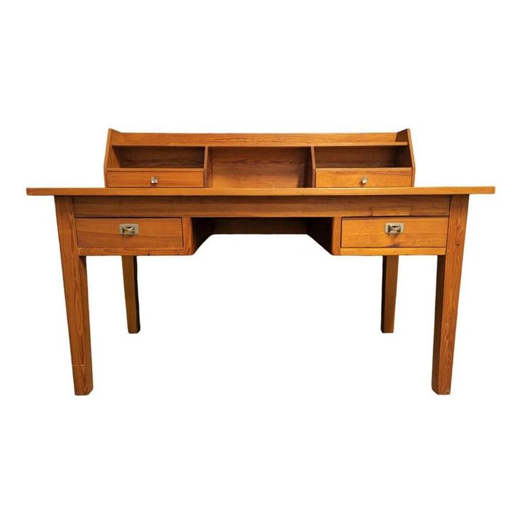 a wooden desk with two drawers on one side and an open drawer on the other