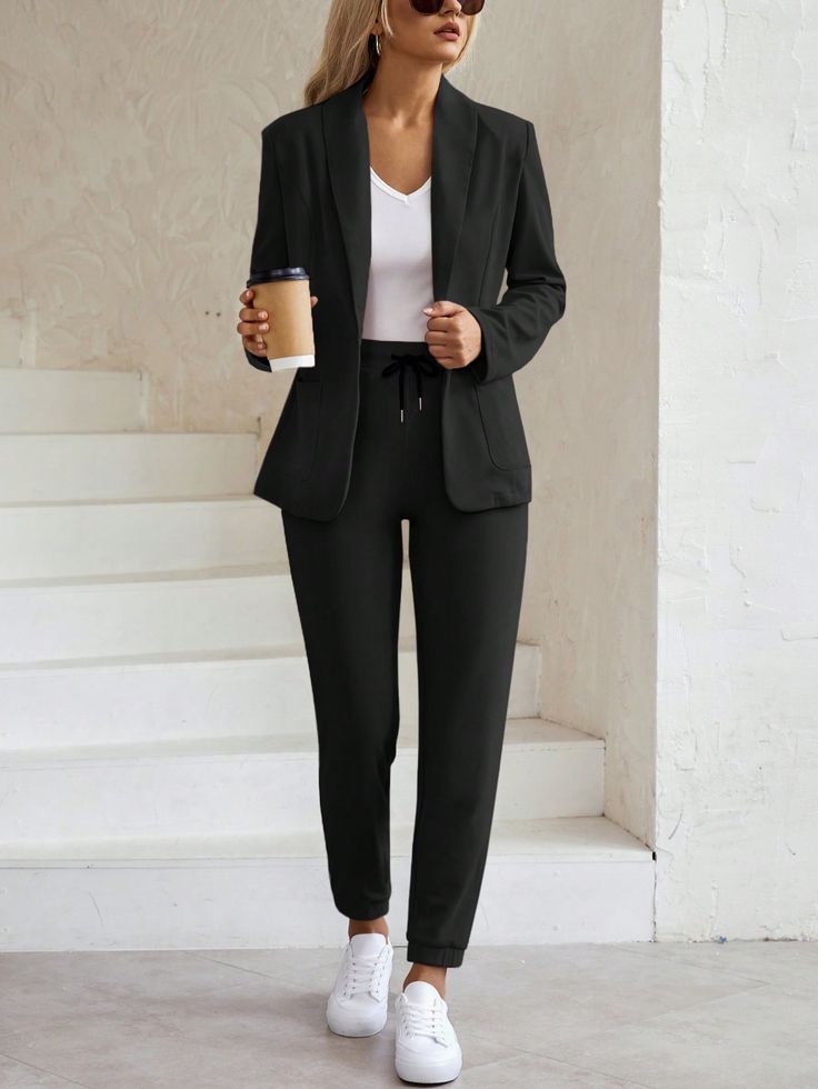 Ladies Granular Texture Suit Set With Turn-Down Collar Cardigan And Elastic Waistband Trousers Black Casual    Plain  Medium Stretch  Women Clothing, size features are:Bust: ,Length: ,Sleeve Length: Women’s Work Clothing, Pharma Sales Rep Outfit, Hotel Manager Outfit Women, Management Outfits For Women, Hr Outfits Women, Athletic Business Casual Women, Sporty Business Casual Women, Professional Women Outfits, Car Sales Woman Attire