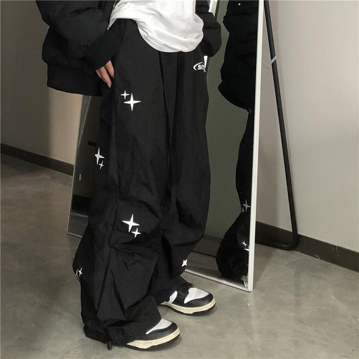 Deeptown Parachute Pants Women Black Vintage Harajuku Oversized Wide Leg Joggers Hippie Street Baggy Streetwear Wide Leg Bottoms With Star Print, Star Print Wide Leg Bottoms For Streetwear, Wide Leg Bottoms With Star Print For Streetwear, Wide Leg Star Print Bottoms For Streetwear, Black Star Print Bottoms For Streetwear, Black Wide Leg Pants With Star Print, Trendy Black Pants With Star Print, Trendy Black Star Print Pants, Parachute Pants Women